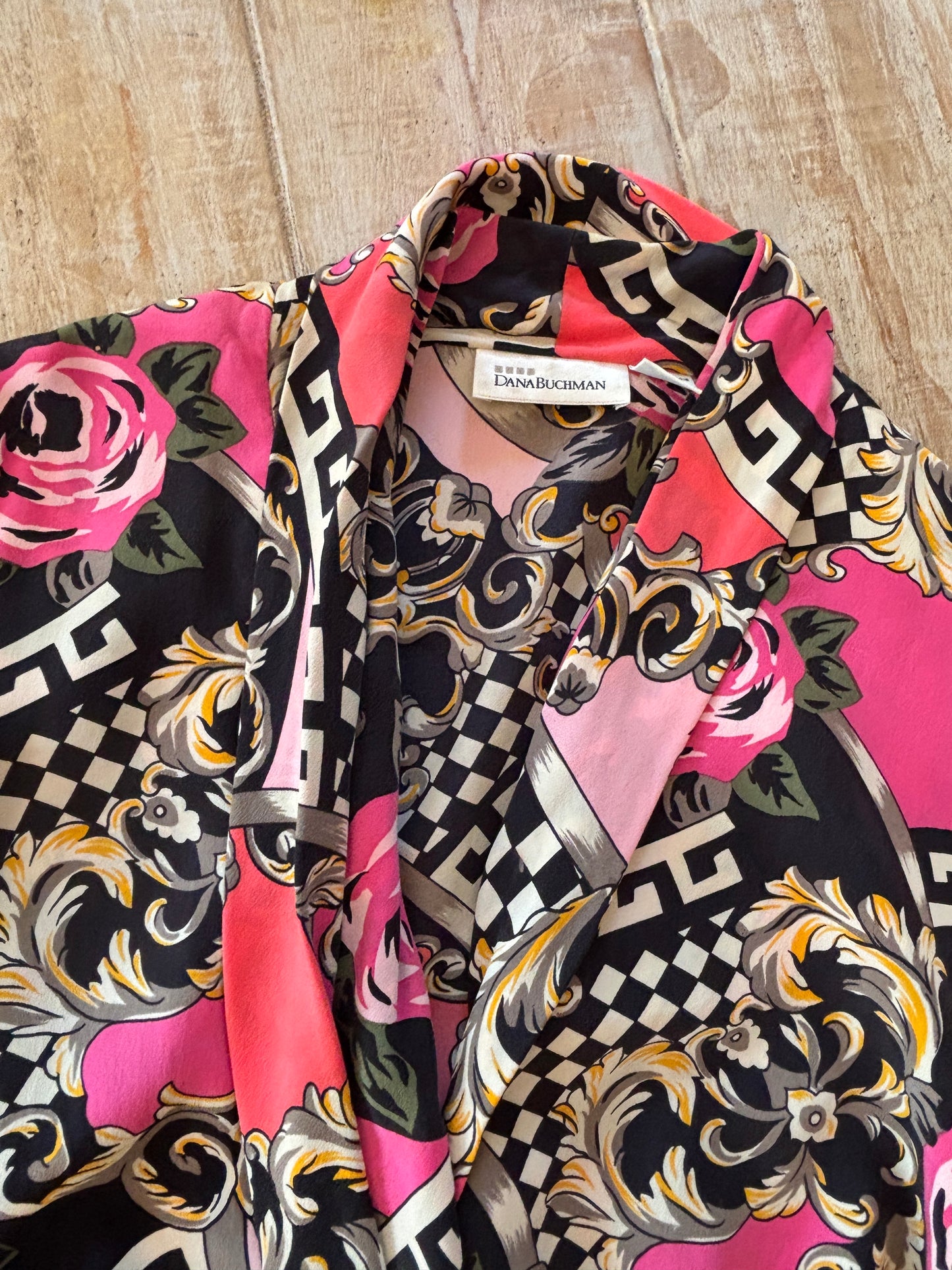 Vintage 1990s does 1940s Blouse - Surreal Italianate Baroque Rose Print Silk Designer Top Size M to L
