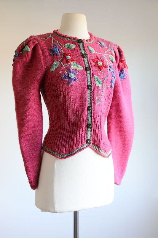 Vintage 1980s Wolkenstricker Sweater - Hand-Knit RARE PINK Embroidered Folkloric German Cardigan Size S to M