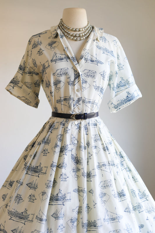 Vintage 1950s Dress - Kentucky Ship in a Bottle Novelty Print Soft Cotton Blend Shirtwaist Size M to L