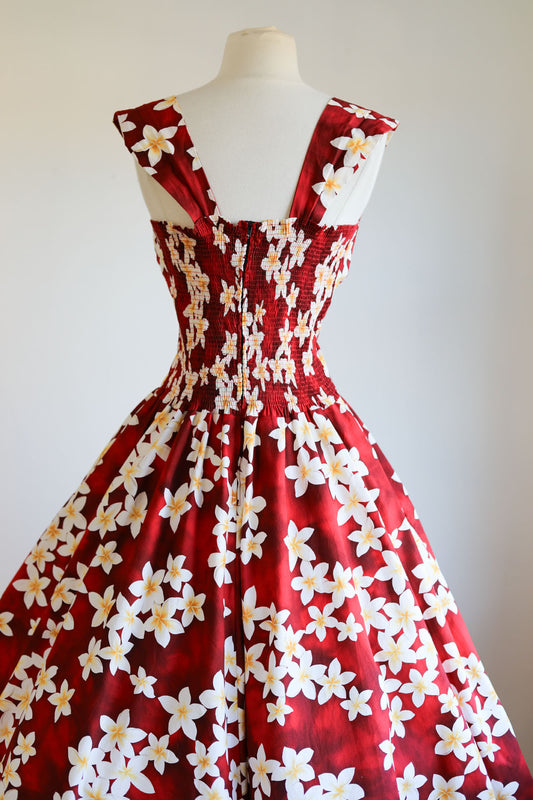 Vintage 1980s Hawaiian Dress - Rare VOLUP! Red Cotton Plumeria Tropical Floral Print Princess Sundress Size L to XL