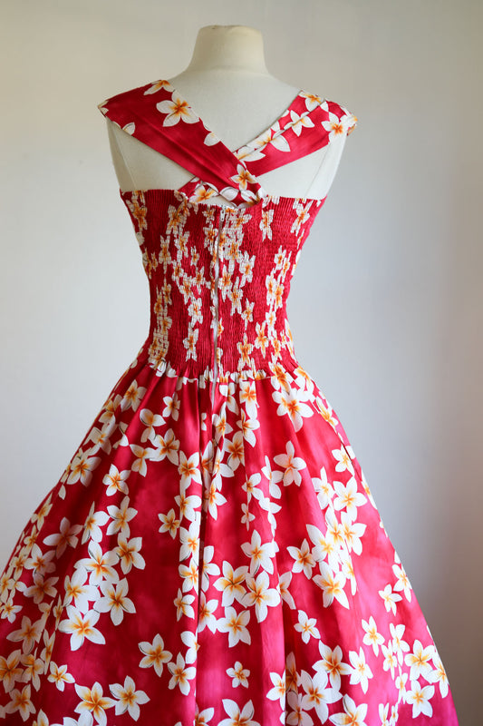 Vintage 1980s Hawaiian Dress - Volup! Punch Pink Cotton Plumeria Tropical Floral Print Princess Sundress Size L to XL