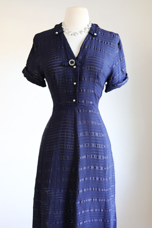 Vintage 1950s Dress - Midnight Blue Sheer Rayon Shirtwaist w Rhinestones Dress Size M to L