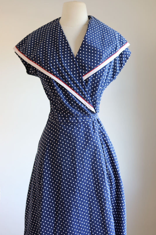 Vintage 1940s to 1950s Dress - Midnight Blue Polka Dot Cotton w Red Wrap Dress Size M to XL