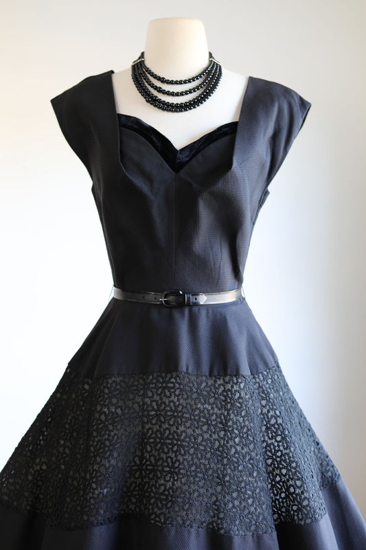 Vintage 1950s Couture Dress - Martini Designed Sylvan Rich Black Cotton Pique w Lace Daisy Inserts + Velvet Sundress Size S
