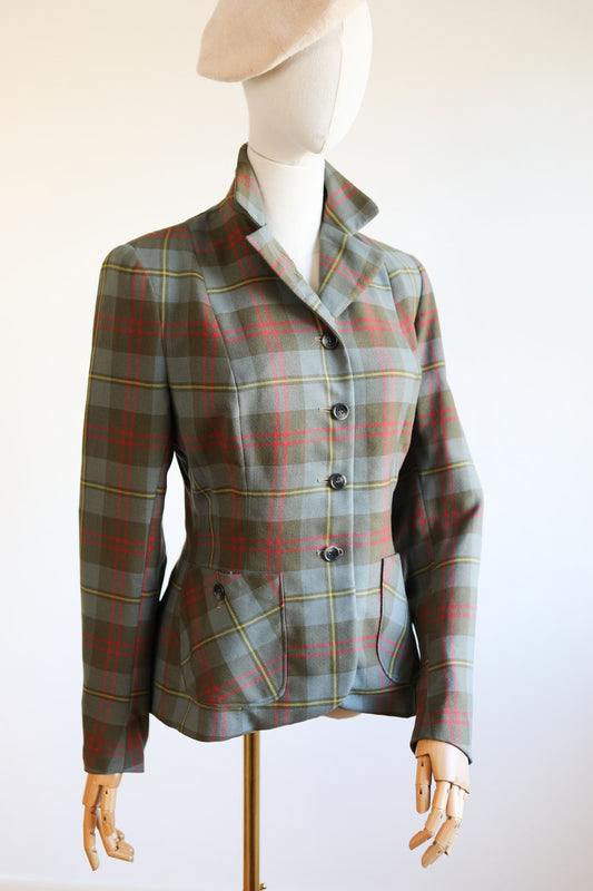Vintage 1950s Sporty Jacket - Luxe Scottish Tartan Wool Twill Delphite + Olive Princess Blazer Size S to M