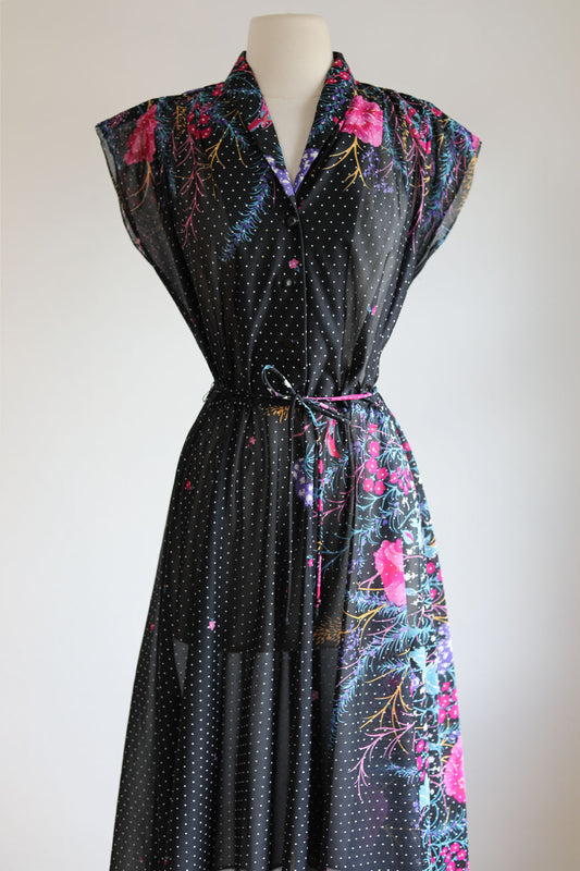 Vintage 1970s Border Print Dress - Exquisite Black Floral w Wild Grasses + Dotted Swiss Breezy Sundress Size S to L