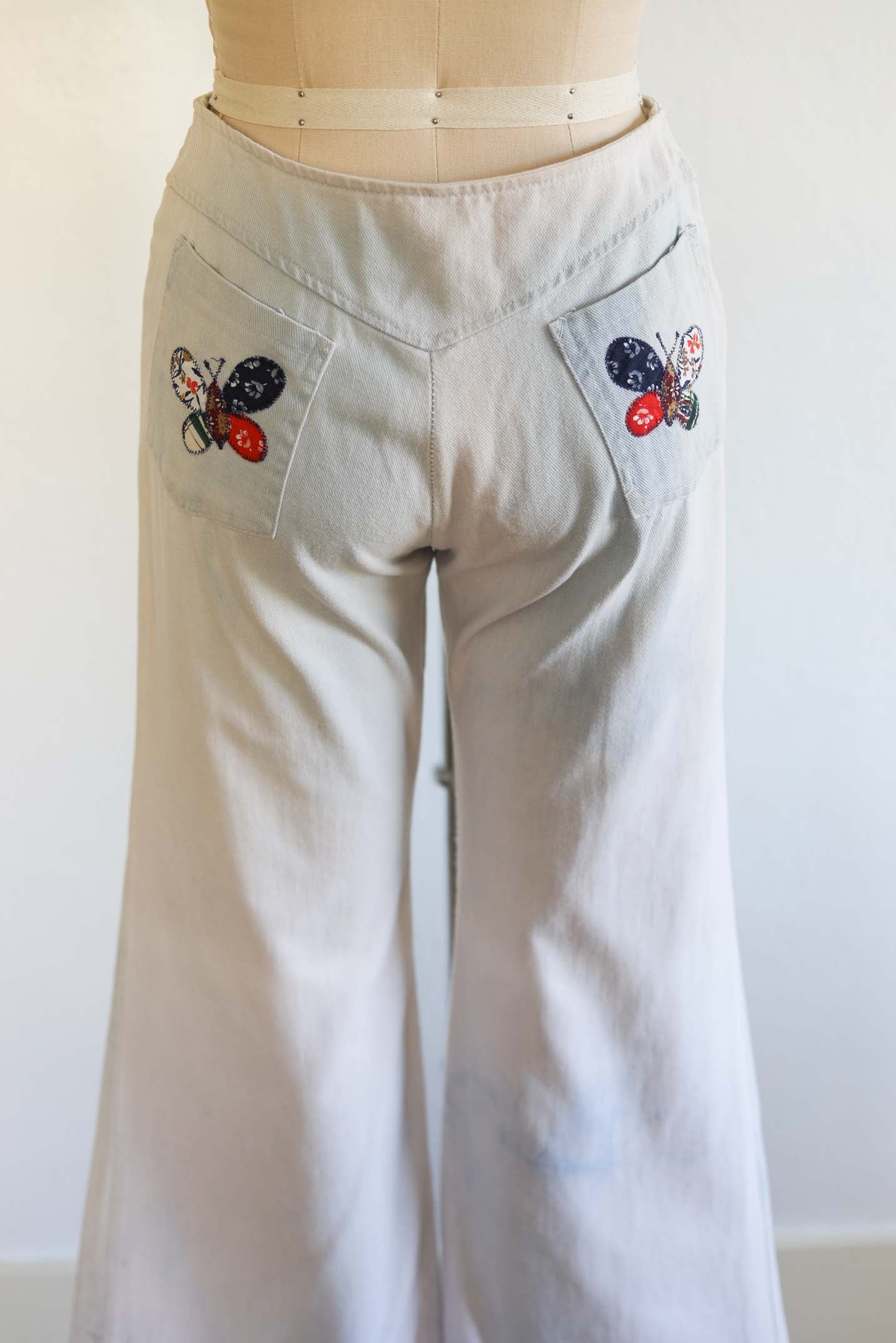 Vintage 1970s Denim Jeans - SUPER CUTE Bleached Light Wash + Patchwork Butterfly Bell Bottom Flare Pants W28"