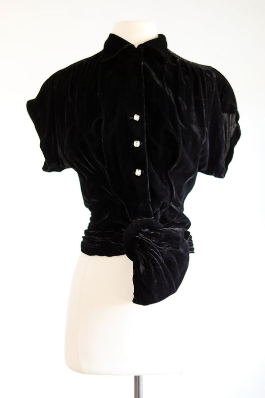 Vintage 1940s Velvet Blouse - Black Ruched + Wrap Top w Rhinestones + Dramatic Belted Buckle Size S to M