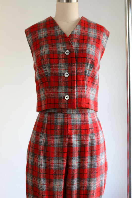 Vintage 1950s to 1960s Plaid Pant Suit - Red Wool Vest Waistcoat Top + Cigarette Pants Size S - M