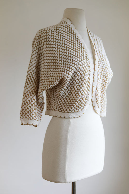 Vintage 1950s Knit Bolero Sweater - Cream w Sparkling Gold Metallic Lurex Honeycomb Knitwear Cardigan Size S to L