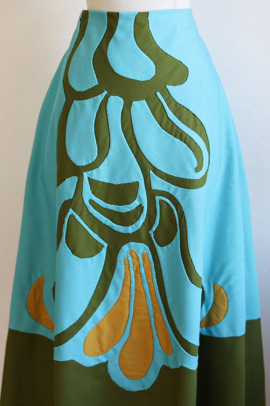 Vintage 1960s Artisan Skirt - Striking Colorblock Art Nouveau Flower Aqua + Olive Cotton Maxi Size M