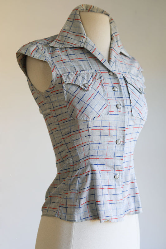 Vintage 1950s Western Blouse - Broken Stripe Designer Fitted Pale Blue Cotton Pearl Snaps Size XS