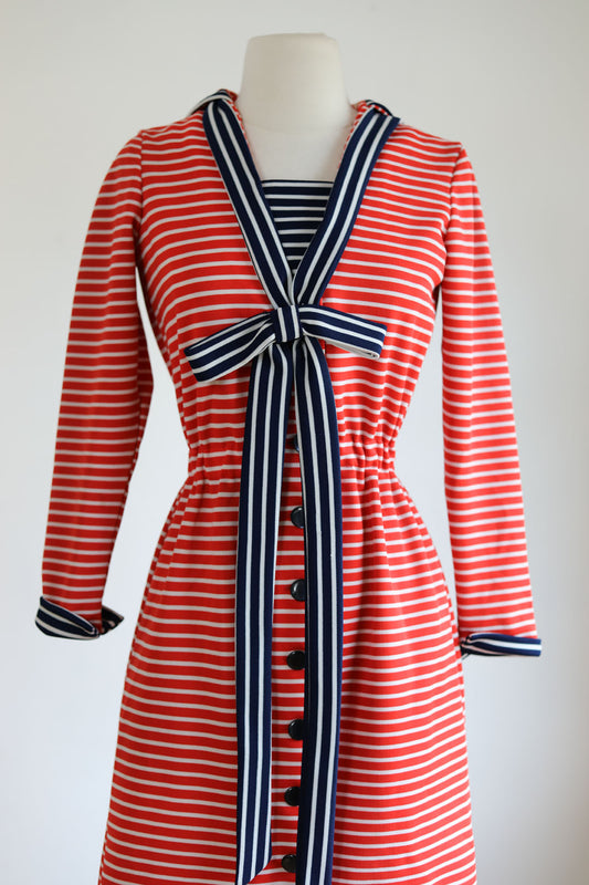 Vintage Early 1970s Dress - Red Navy Striped Jersey Sailor Dress w Collar, The Cutest! Size S to M