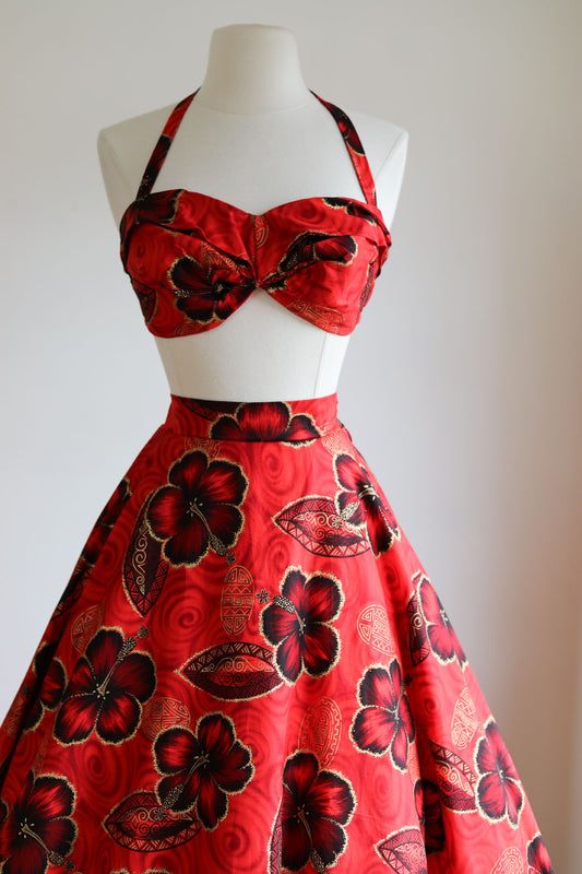 Vintage 1950s Pattern + Fabric Hawaiian Dress Set - Scarlet + Gold Designer Sculpted Bra Top, Bolero Jacket, Circle Skirt Size S
