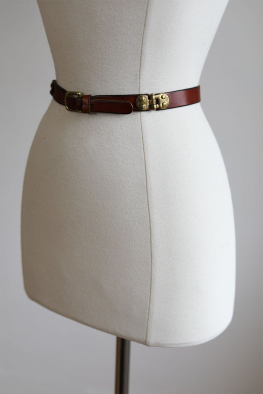 BELTOPIA! Vintage 1950s Double-Hinge Belt - Whiskey Leather + Brass Slim Cincher Size S to M