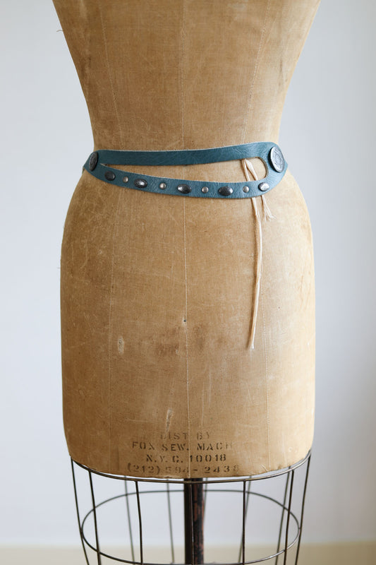 BELTOPIA! Vintage 1980s French Boho-Western Belt - Delphite Blue "J. Le Peleur de Chien" Designer w Silver Conchos Double Buckle Belt Size M to L