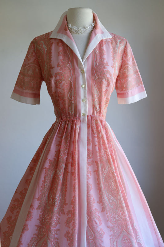 Vintage 1950s to 1960s L'Aiglon Dress - Cute! Pink White Baroque Border Print Voile Shirtwaist Size M