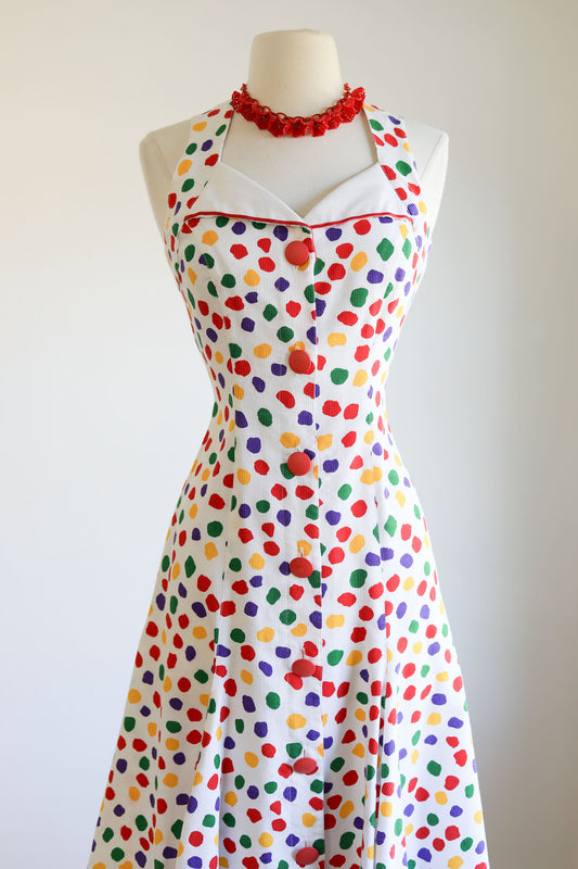 Vintage 1980s Dress - Melissa Petites Designer Cotton Pique Princess Confetti Print Sundress Size XS - S