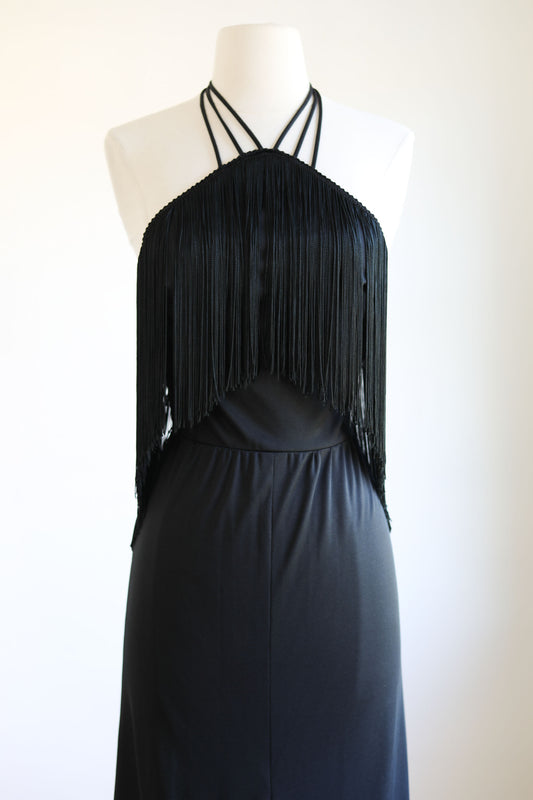 Vintage 1970s Dress - "Funky" Designer Label Black Jersey Disco Halter Dress w Fringe Size XS