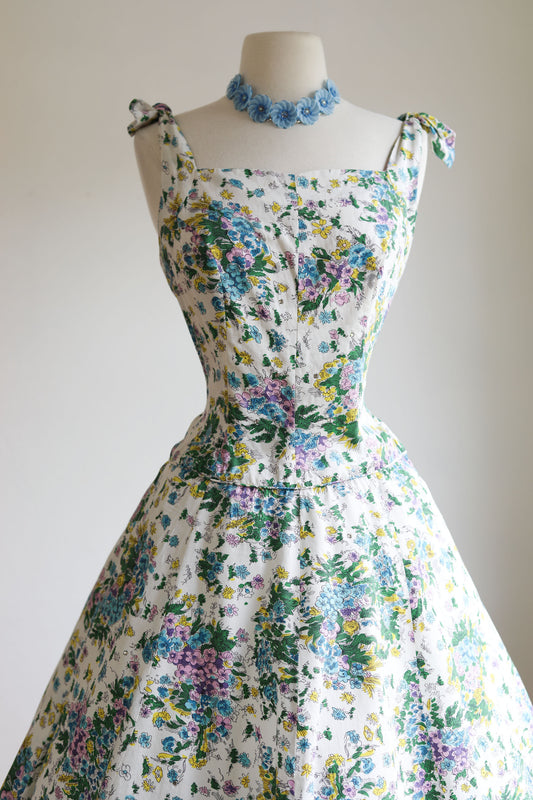 Vintage 1950s Dress - Rhinestones! Pastel Floral Print Polished Cotton Carole King Princess Sundress Size M