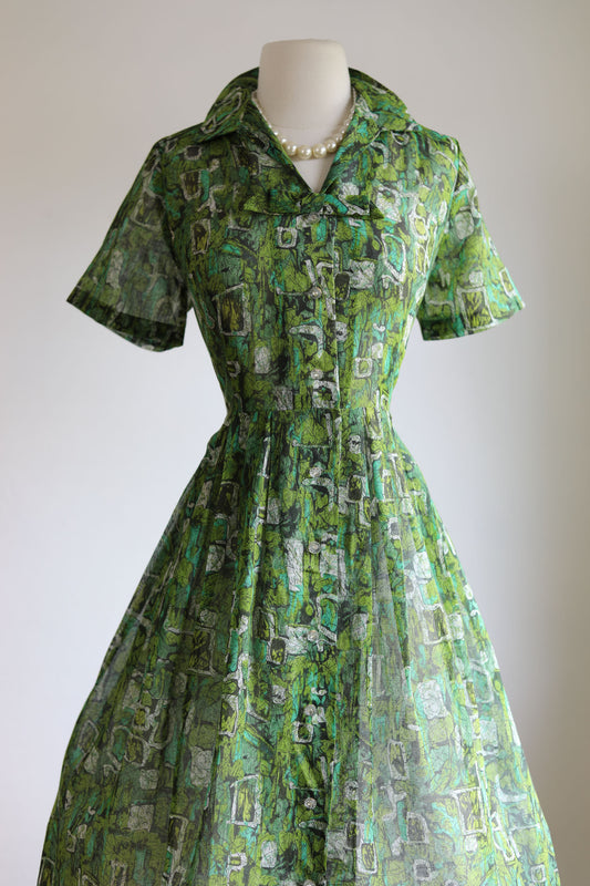 Vintage 1950s Dress - Chartreuse + Aqua Midcentury Modern Print Mode O' Day Cotton Gauze Shirtwaist Size L