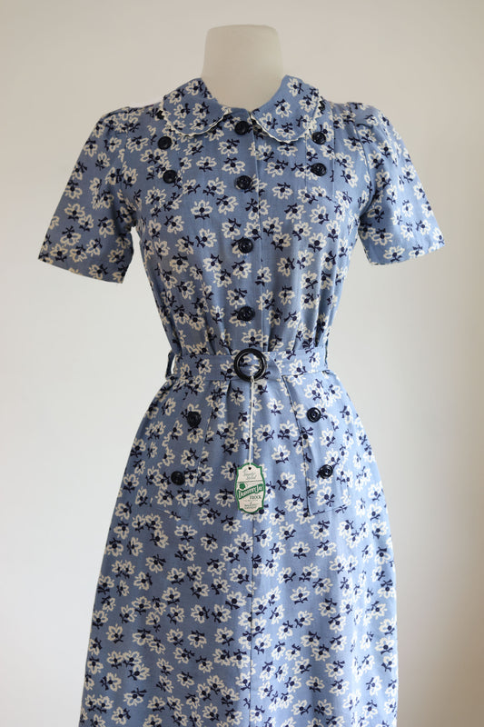 Vintage 1940s Dress - Rare WW2 Deadstock w Tags Delphite Blue Rayon Shirtwaist + Deco Belt Size XS