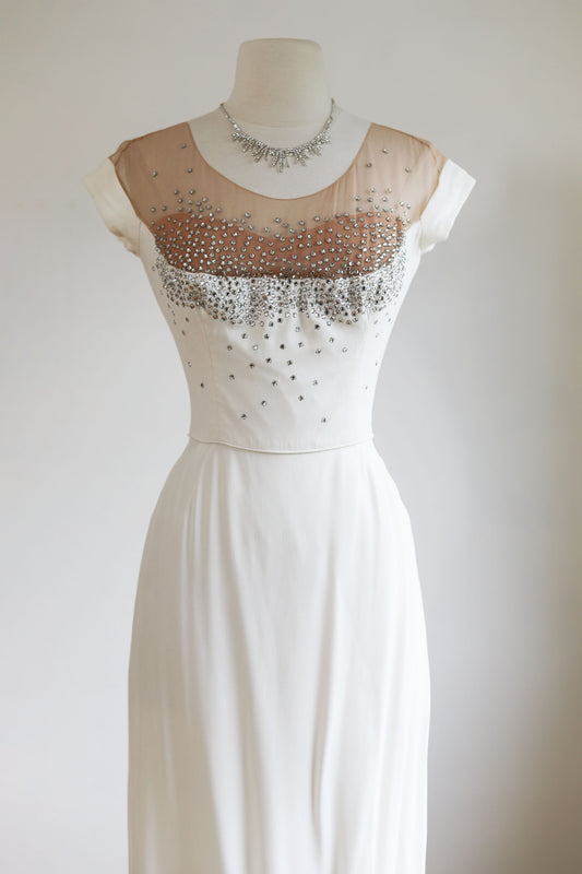 Vintage 1950s Peggy Hunt Dress - Rhinestones! White Illusion Bust Sculpted Wiggle Cocktail Dress Size S