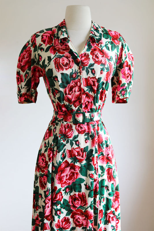 Vintage 1930s to 1940s Dress - Volup! Red Hot Pink Green Rose Print Rayon Jersey Gown w Galalith Belt Size XL