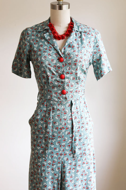 Vintage 1940s Dress - Wartime Deadstock w Tags Duck Egg Blue Red Deco Novelty Print Rayon Shirtwaist Size XS to S
