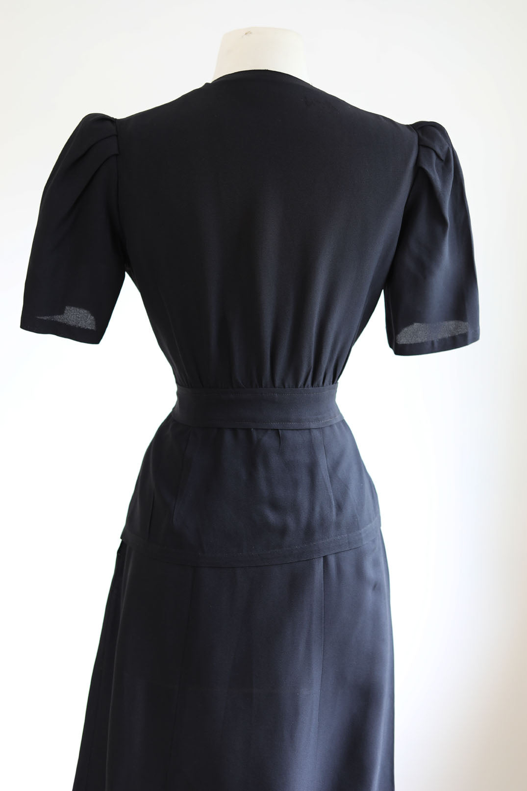 Vintage 1930s to 1940s Dress Set - Black Rayon w Sequin "Bow" + Novelty Celluloid Buttons Blouse Skirt Suit Size S