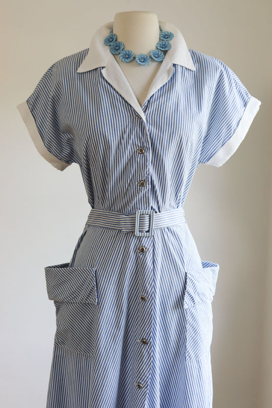 Vintage 1940s Coat Dress - Pastel Blue White Stripe Cotton Shirtwaist Dress w Belt Size M to L