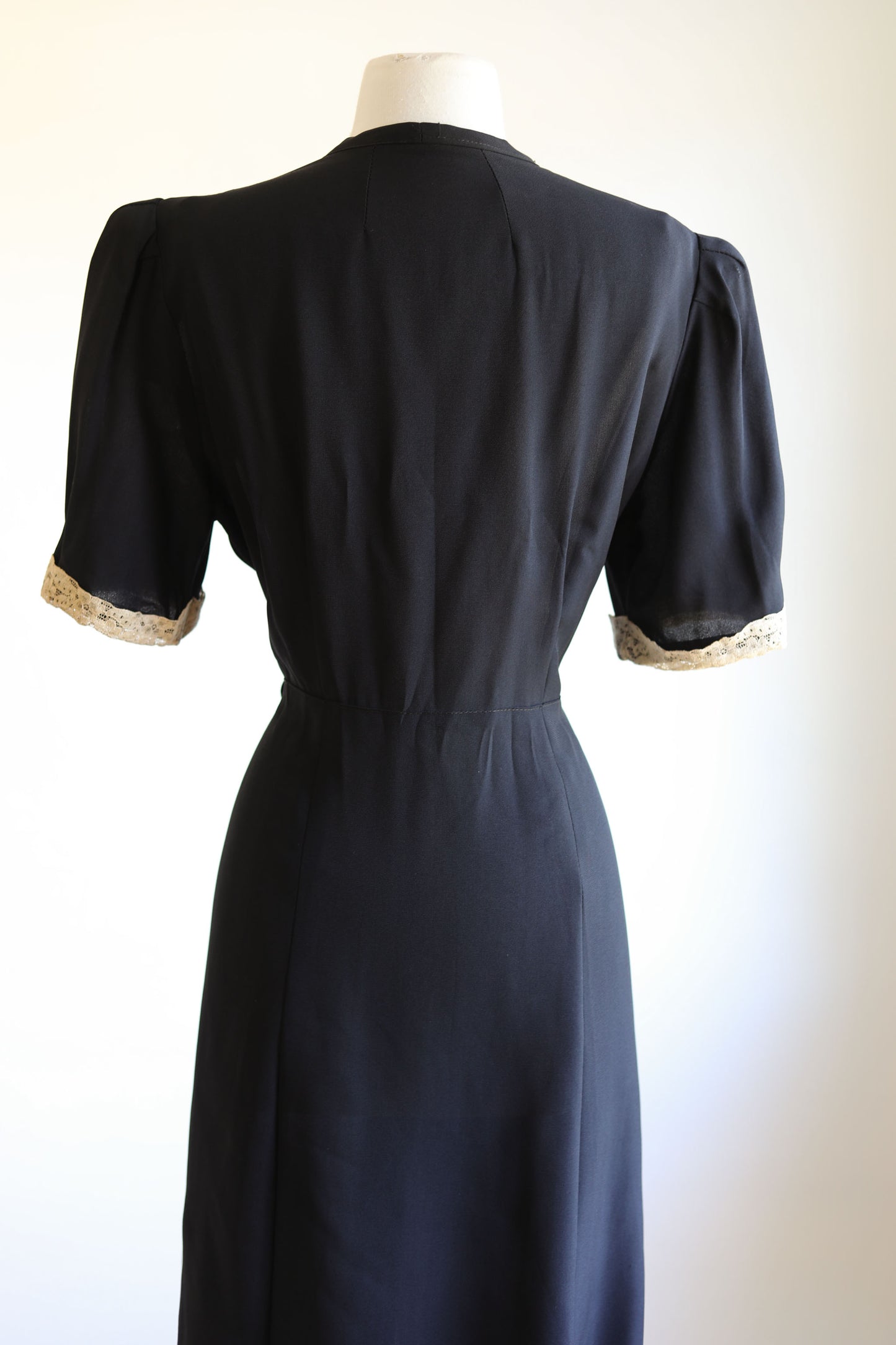 Vintage 1930s to 1940s Dress - Volup! Black Rayon Mesh Summer Goth Shirtwaist w Celluloid Buttons Size L to XL