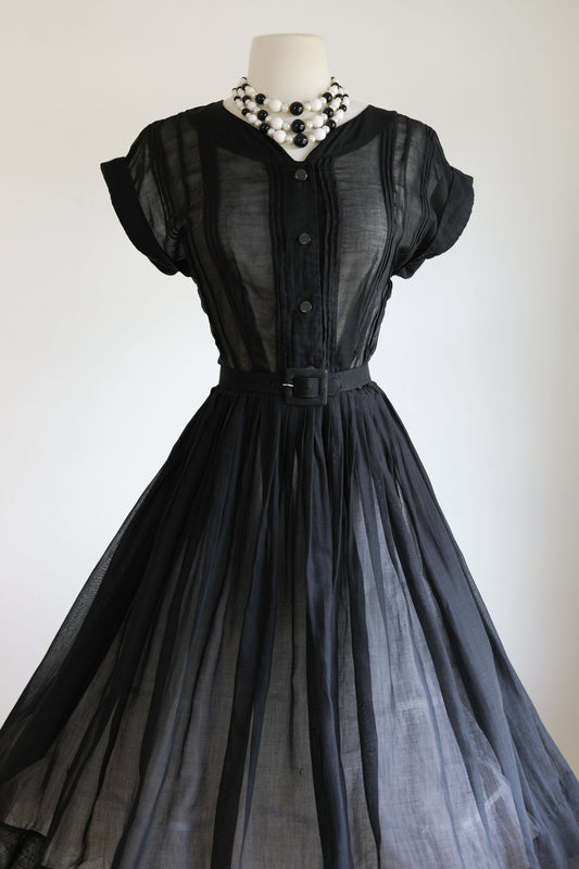 Vintage 1950s Dress - Black Voile Cotton Summer Goth Pintucked Shirtwaist Size M