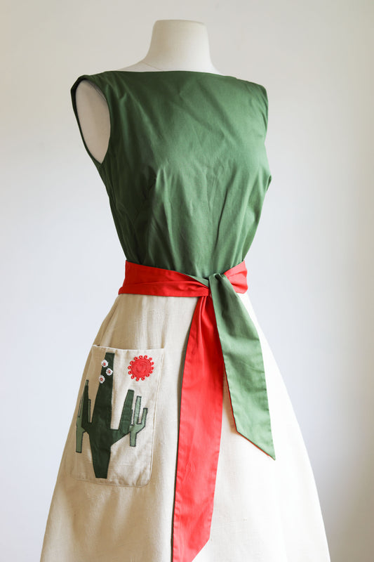 Vintage 1960s Novelty Dress - Adorable Lorch of Dallas Designer Cactus Sun Cotton Linen Belted Sundress Size XS to S