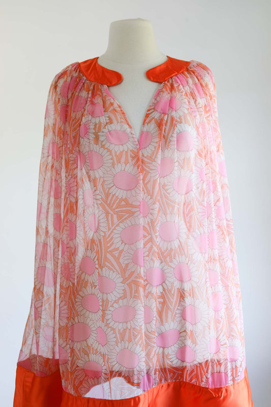 Vintage 1960s Sundress or Cover-Up - FUN! Tangerine + Pink Daisy Chiffon + Satin Babydoll Mini Dress Suits Many Size XS to XL