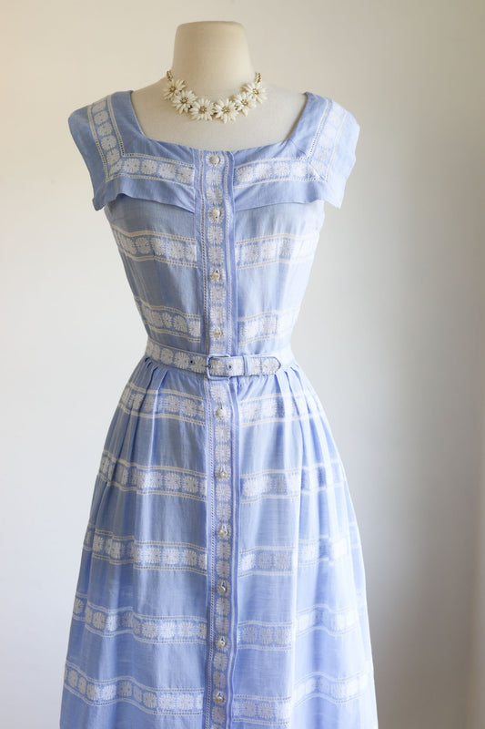 Vintage 1940s to 1950s Sundress - Breezy Pale Blue Cotton Chambray Coat Dress Size XS