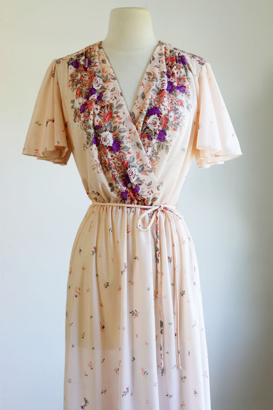 Vintage 1970s Dress - Delicate Ballet Pink Crepe Floral Border Print Dress Size S to M Range