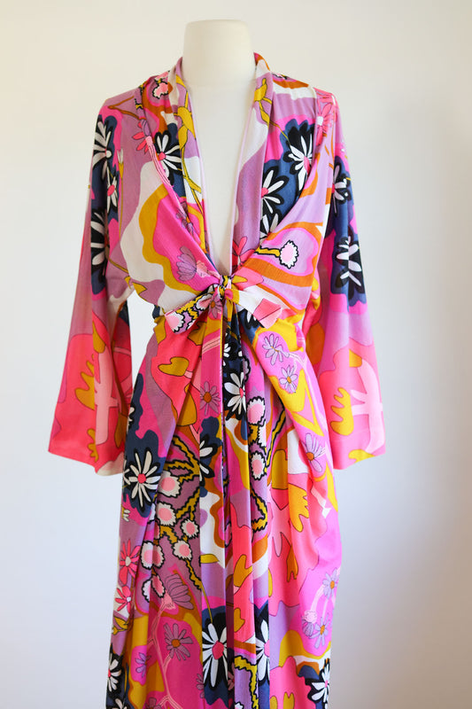 Vintage 1960s Loungewear Dress - Mod Psychedelic Hollywood Vasarrette Lounging Kaftan Size XS to L