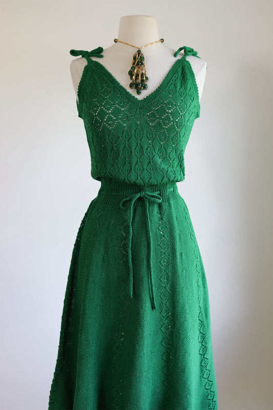Vintage 1970s does 1940s Knitwear Dress - Emerald Green Pointelle Hand-Knit Sundress Size XS to M