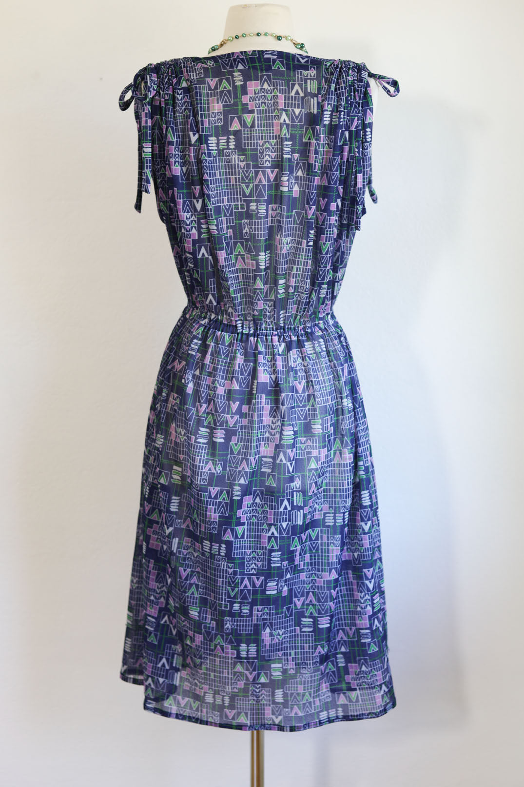 Vintage 1970s Dress - Slinky Crepe Blue Tie-Shoulder Geometric V Novelty Print Sundress Size XS to L