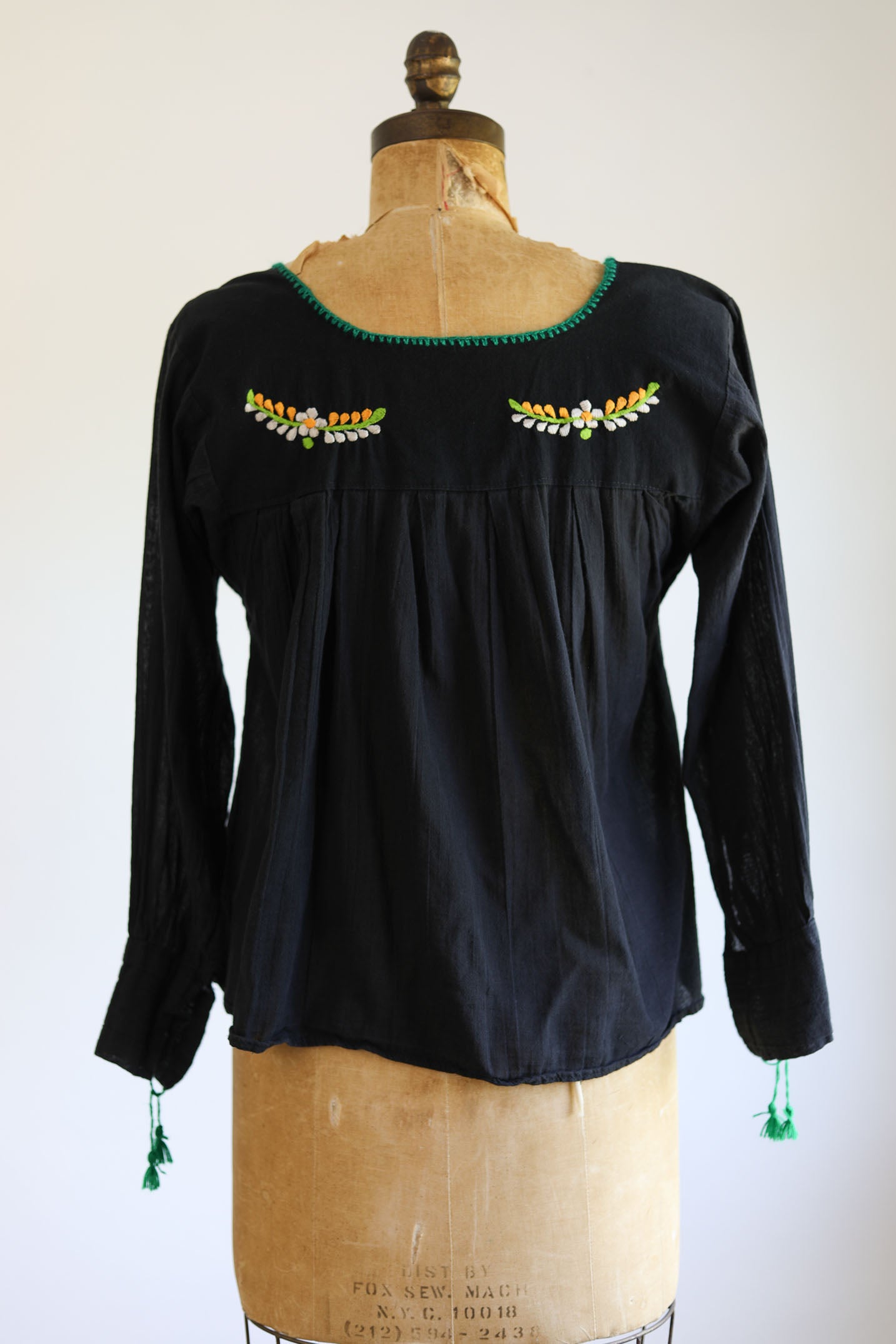 Vintage 1960s to 1970s Gauze Mexican Tourista Top - BEAUTIFUL Black Cheesecloth Cotton w Tassel Cuffs Size XS to M