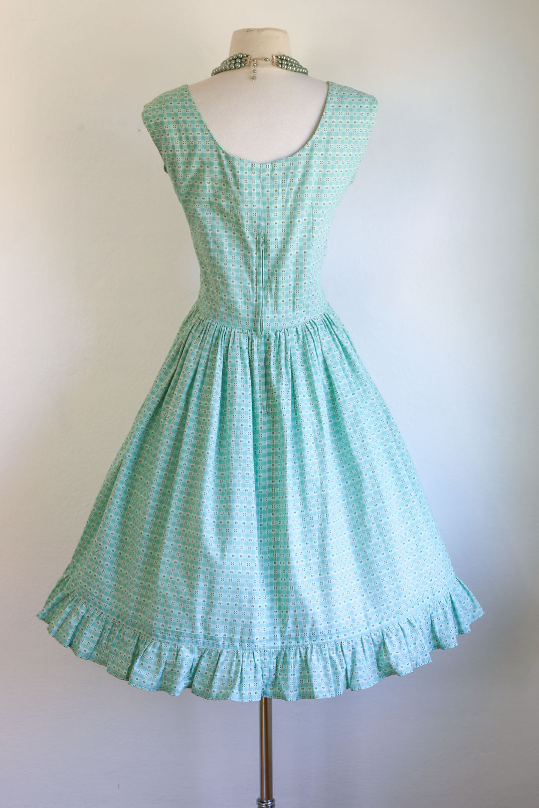 Vintage 1950s Dress - Aqua Green Woven Gingham Plaid Full Skirt Sundress Size M