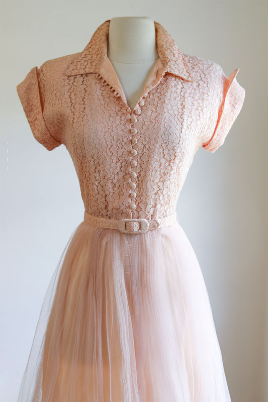 Vintage 1940s to 1950s Dress - Dreamy Ballet Slipper Pink Lace + Tulle Party Dress Size M