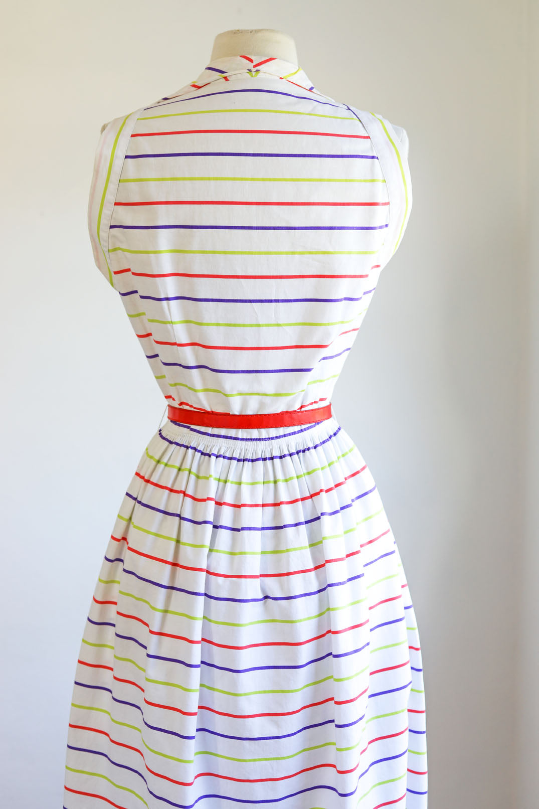 Vintage 1940s to 1950s Sundress - Fruit Stripe Gum Chartreuse Purple Red Cotton Sundress w Rhinestones Size S