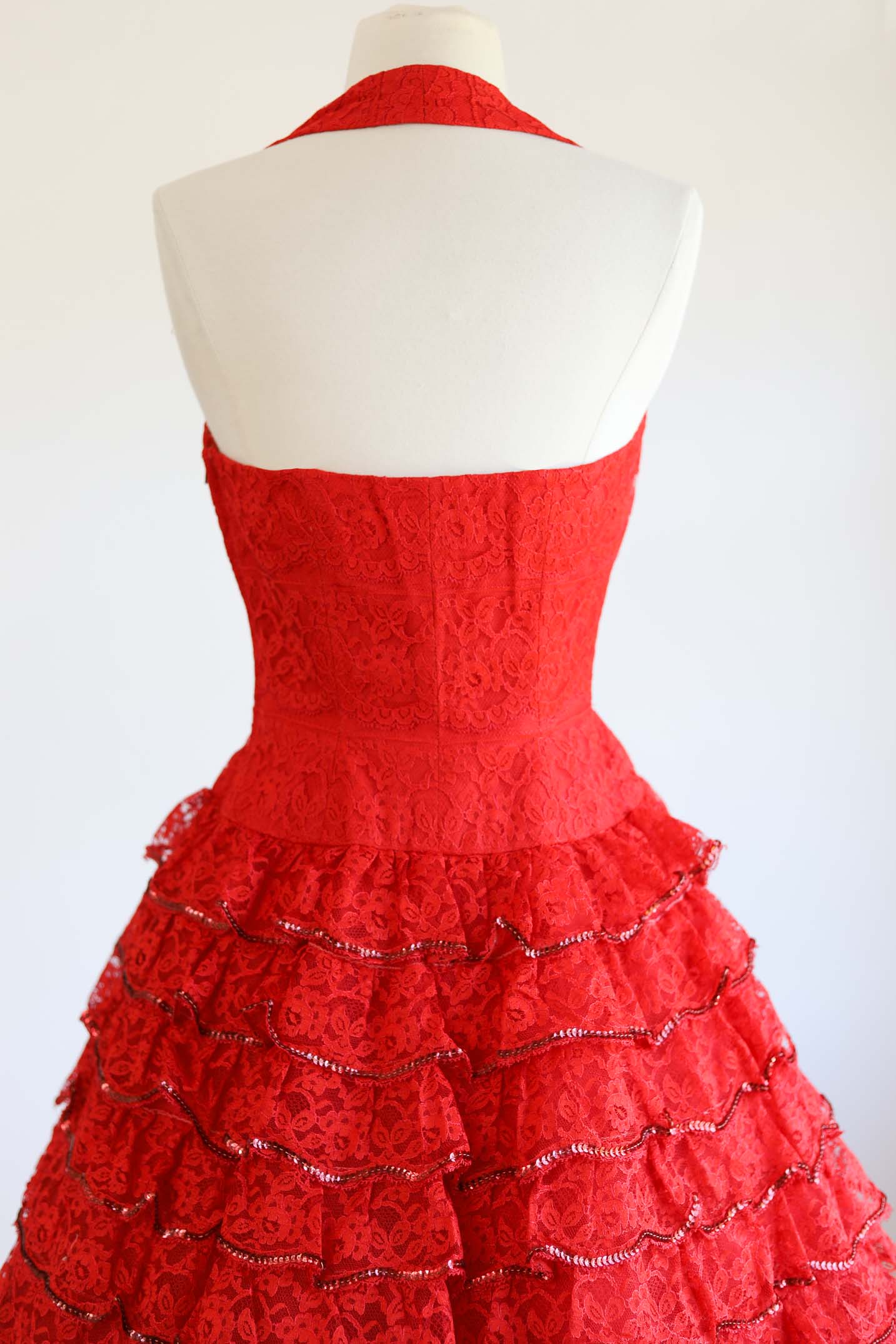 Vintage 1950s Dress - CABARET Dancer! Rockin' Red Lace Halter Dress w Tiers of Sequins Size XS to S
