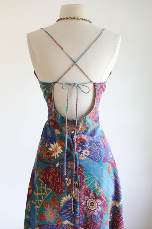 Vintage 1970s Dress - Jeweltone Patchwork Print Cotton Blend Strappy Open Back Sundress Size M to L
