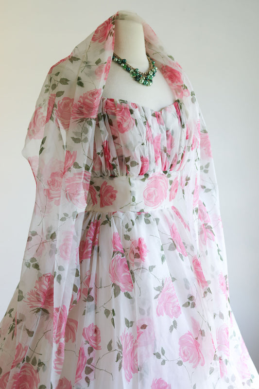 Vintage 1950s Dress - Rare Pink Olive Rose Print Chiffon Strapless Tea Length Wedding Party Prom Gown + Wrap Size M to L