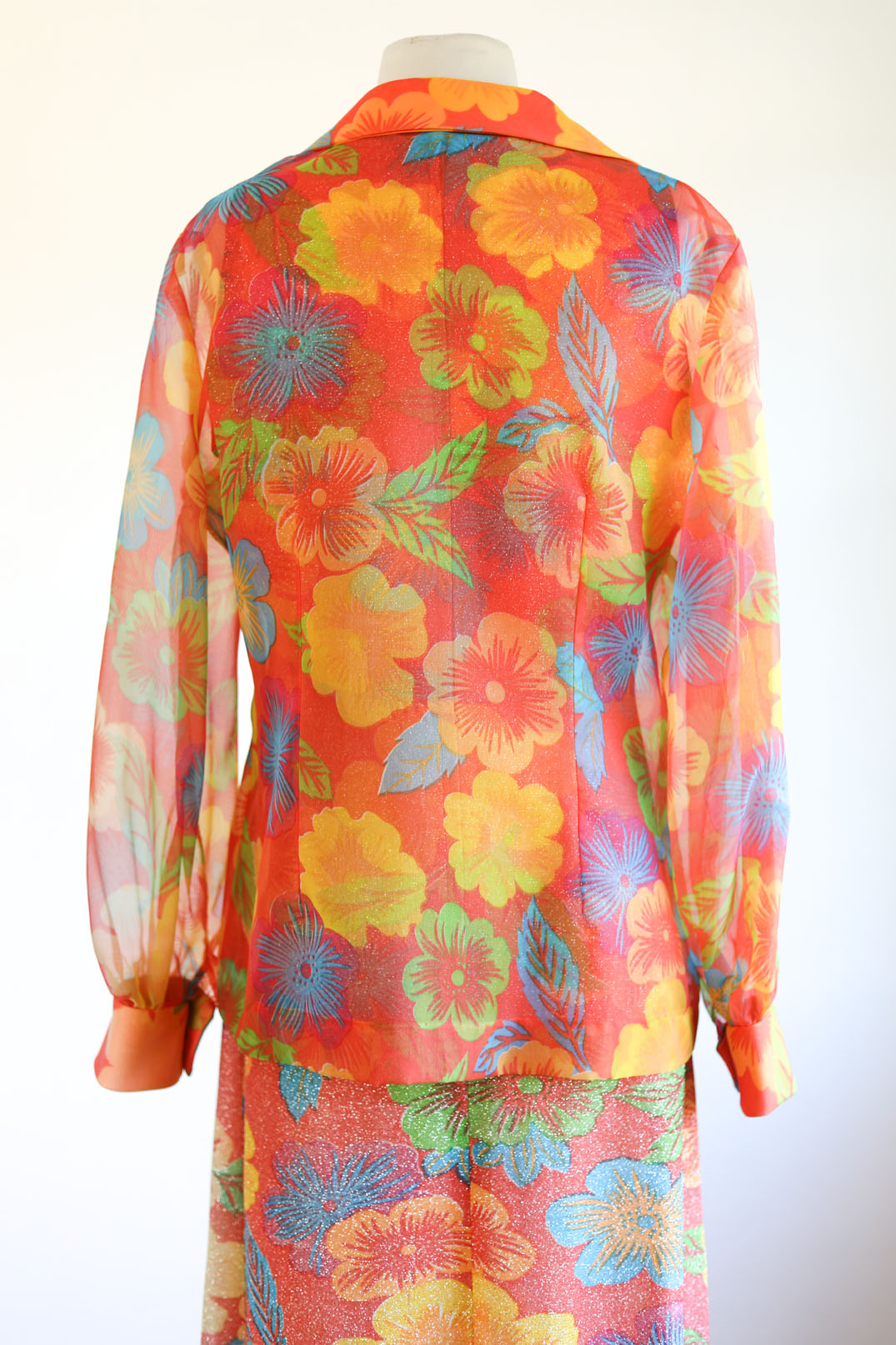 Vintage 1960s Dress + Jacket Set - Citrus Hues Silver Lurex Metallic Hibiscus Tropical Print Maxi Sundress + Blouse Size L