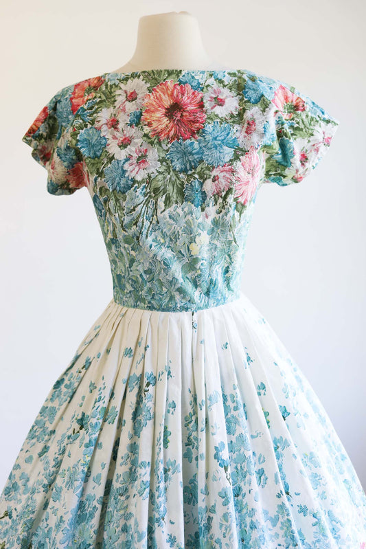 Vintage 1950s Dress - SPECTACULAR Blue Pink Green Border Print Floral Cotton Sundress Size XS to S