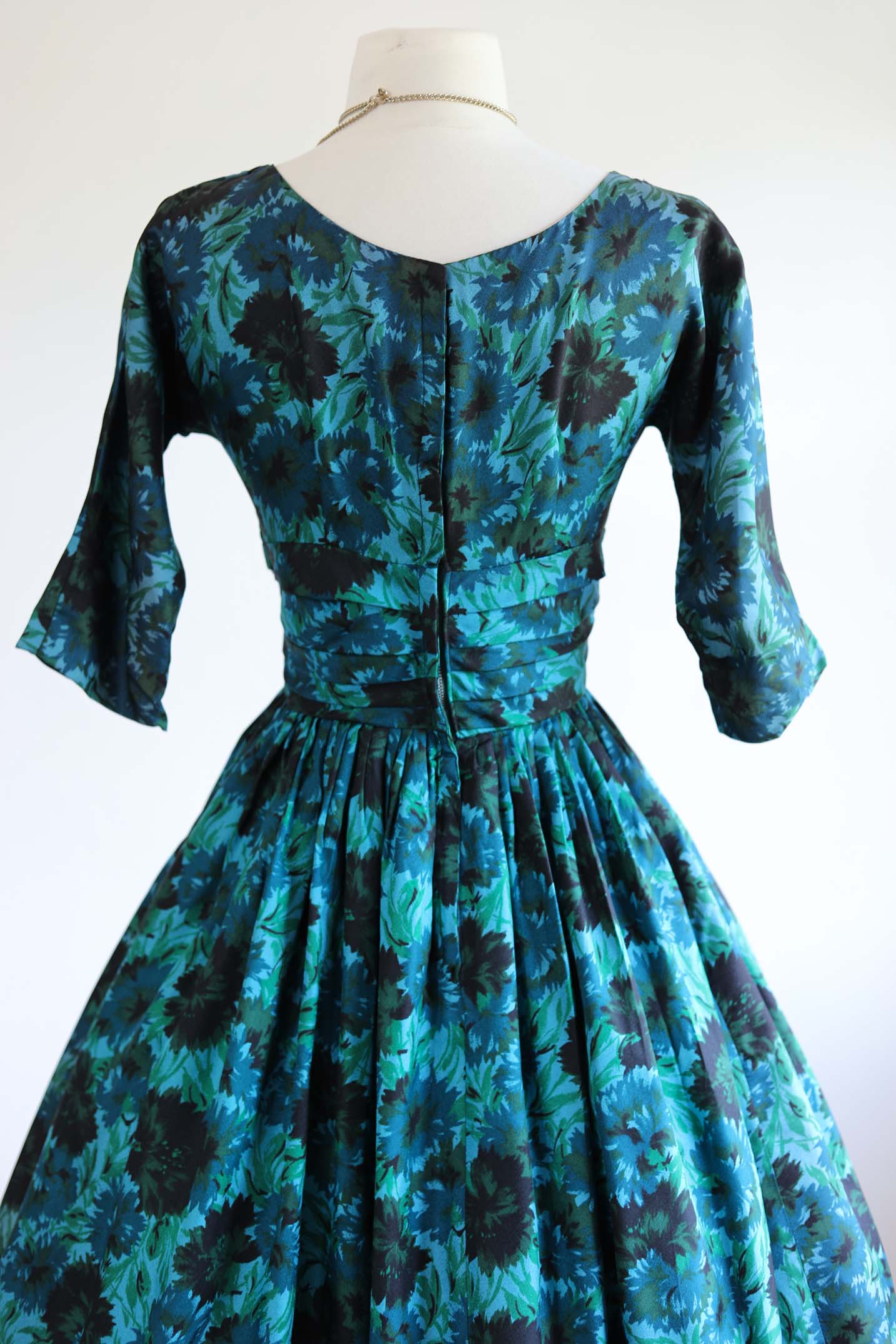 Vintage 1950s Party Dress - SPLENDID Deep Teal Green Black Taffeta Full Skirt Dress Size S